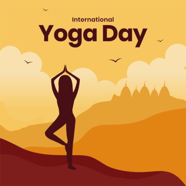 Uluslararası yoga günü. Metinli Yoga Vücut Duruşu. Yoga yapan bir kadın. vektör illüstrasyonu.