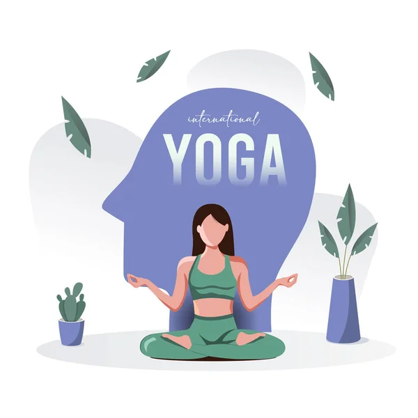 Internationell Yogadag Yoga Kroppshållning Med Text Kvinna Som Utövar Yoga — Stock vektor