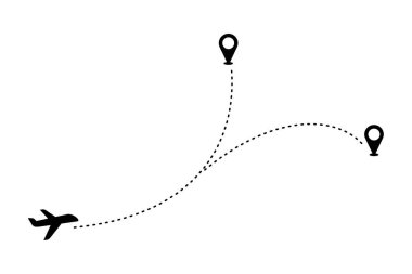 Turizm ve seyahat konsepti ikonu uçağın uçuş rotasını gösteriyor. Vektör biçiminde gezi planlama sembolü.