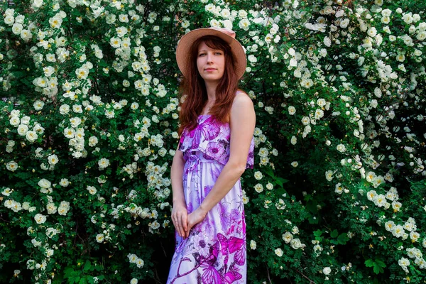帽子とサンドレスの女の子白いバラの茂みお茶のバラ — ストック写真