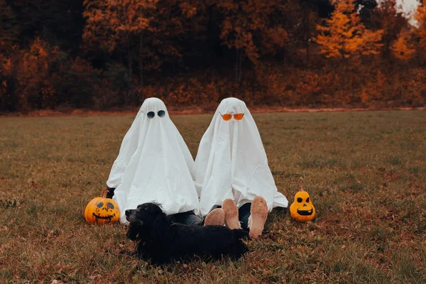 Girls Ghost Costumes Halloween Football Field Autumn — Stock Photo, Image