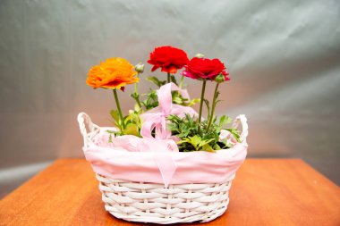 Pembe sepetteki üç güzel düğün çiçeği, güzel çiçek fotoğrafı, kırmızı düğün çiçeği çiçekleri, pembe kurdeleli bir sepetteki çiçekler.