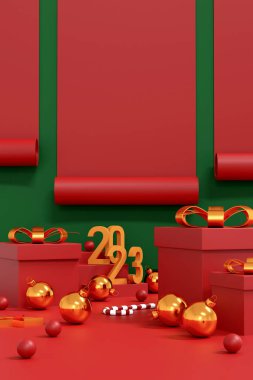 Kızıl Mutlu Noeller ve mutlu yıllar 2023. Kırmızı hediye kutusu, altın top ve kırmızı ve yeşil oda arka planında Noel süslemesi, kış tatili afişi tebrik kartı, poster ve ürün sunumu. 3B illüstrasyon