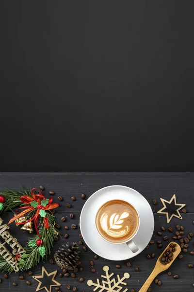 Christmas Decoration Hot Coffee Black Wooden Background Flat Lay Copy — Stock Photo, Image