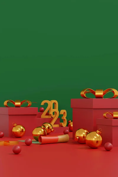 Czerwonych Wesołych Świąt Szczęśliwego Nowego Roku 2023 Czerwone Pudełko Złota — Zdjęcie stockowe