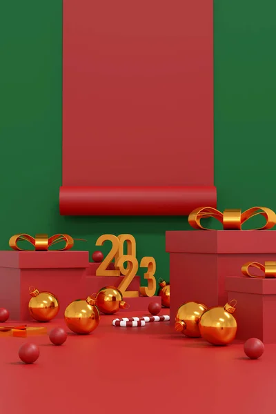祝您圣诞快乐 新年快乐 红色礼品盒 红色和绿色房间背景下的金球和圣诞装饰 冬季节日横幅贺卡 海报和产品展示 3D插图 — 图库照片