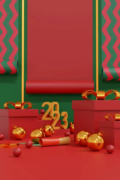 Κόκκινα Καλά Χριστούγεννα Και Ευτυχισμένο Νέο Έτος 2023 Κόκκινο Κουτί — Φωτογραφία Αρχείου