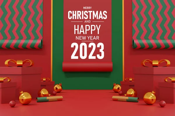 祝您圣诞快乐 新年快乐 红色礼品盒 红色和绿色房间背景下的金球和圣诞装饰 冬季节日横幅贺卡 海报和产品展示 3D插图 — 图库照片