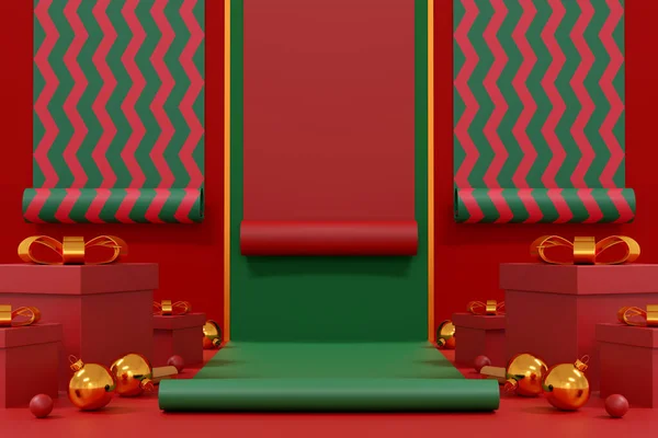 赤いメリークリスマスと幸せな新年2023 赤と緑の部屋の背景に赤のギフトボックス 黄金のボールとクリスマスの装飾 冬の休日のバナーグリーティングカード ポスターや製品のプレゼンテーション 3Dイラスト — ストック写真