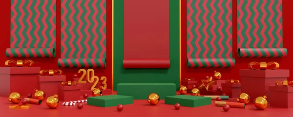 Красное Рождество Счастливый Новый 2023 Год Красная Подарочная Коробка Золотой — стоковое фото