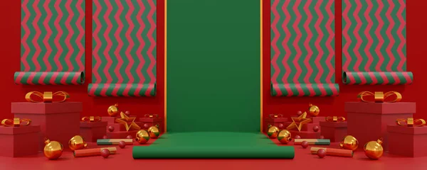 赤いメリークリスマスと幸せな新年2023 赤と緑の部屋の背景に赤のギフトボックス 黄金のボールとクリスマスの装飾 冬の休日のバナーグリーティングカード ポスターや製品のプレゼンテーション 3Dイラスト — ストック写真