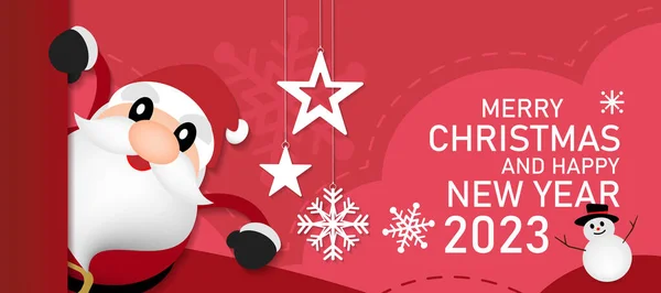 メリークリスマスとハッピーニューイヤーバナーベクトルデザイン 幸せの新年のメッセージと赤い背景にかわいいサンタクロース — ストックベクタ
