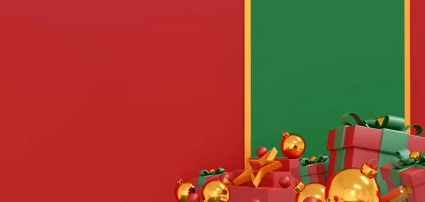 圣诞快乐横幅 海报和封面设计背景 圣诞工作室桌上的产品展示与复制空间 3D插图 — 图库照片