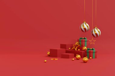 Kızıl Mutlu Noeller ve mutlu yıllar 2023. Kırmızı hediye kutusu, altın top ve kırmızı ve yeşil oda arka planında Noel süslemesi, kış tatili afişi tebrik kartı, poster ve ürün sunumu. 3B illüstrasyon