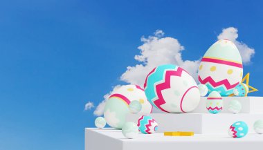 A colorful Easter eggs on blue sky background. Happy Easter day concept. 3D illustration