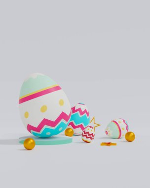 A colorful Easter eggs on white background. Happy Easter day concept. 3D illustration