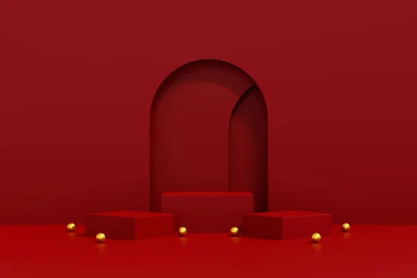 Červené Pódium Minimální Jevišti Sladkou Červenou Plošinou Etapa Ukázat Kosmetický — Stock fotografie