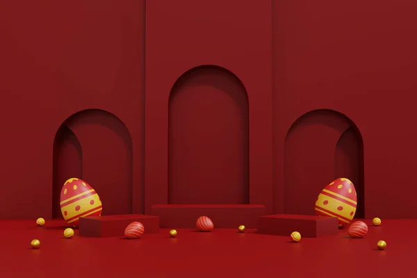 Ein Buntes Osterei Auf Rotem Hintergrund Frohe Ostern Illustration — Stockfoto