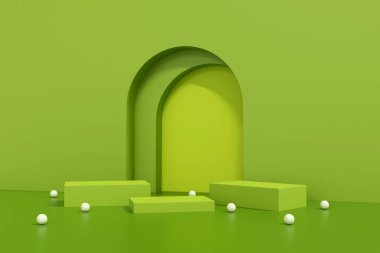 Ürün sunumu için asgari soyut geometrik podyum yeşil arka plan. 3B resim arkaplanını göster 