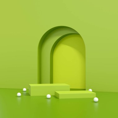 Ürün sunumu için asgari soyut geometrik podyum yeşil arka plan. 3B resim arkaplanını göster 