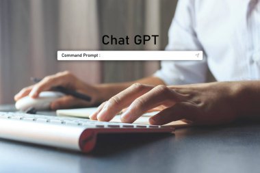 Yapay zeka yapay zekası, internetteki bazı şeylerin konsepti. Teknoloji geçmişinde dizüstü bilgisayar kullanan bir iş adamı, AI.Chat GPT sohbet yapay zeka, OpenAI tarafından geliştirildi.