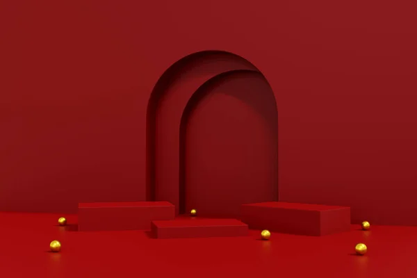 Красный Подиум Минимальный Сцене Сладкой Красной Платформой Этап Показать Косметические — стоковое фото