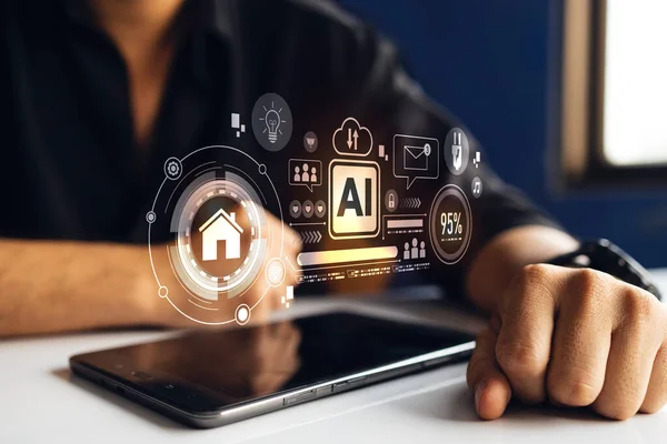 Smart home system and Artificial intelligence concept. hologram digital chatbot, application, conversation assistant, digital chatbot on virtual screen. Futuristic technology transformation.