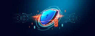 Güvenlik ağı güvenlik bilgisayarı ve veri konseptinizi güvene alın. Siber siber güvenlik kalkanı, dijital veri ağı koruması isimsiz bir hacker tarafından dijital suç. koyu ton