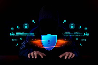 Güvenlik ağı güvenlik bilgisayarı ve veri konseptinizi güvene alın. Siber siber güvenlik kalkanı, dijital veri ağı koruması isimsiz bir hacker tarafından dijital suç. koyu ton