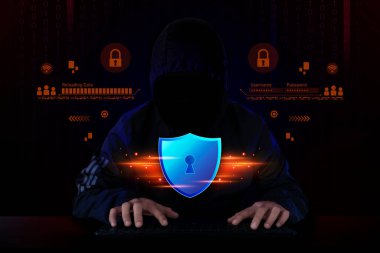 Güvenlik ağı güvenlik bilgisayarı ve veri konseptinizi güvene alın. Siber siber güvenlik kalkanı, dijital veri ağı koruması isimsiz bir hacker tarafından dijital suç. koyu ton