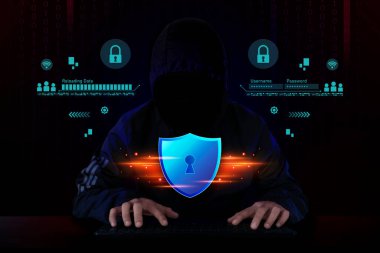 Güvenlik ağı güvenlik bilgisayarı ve veri konseptinizi güvene alın. Siber siber güvenlik kalkanı, dijital veri ağı koruması isimsiz bir hacker tarafından dijital suç. koyu ton