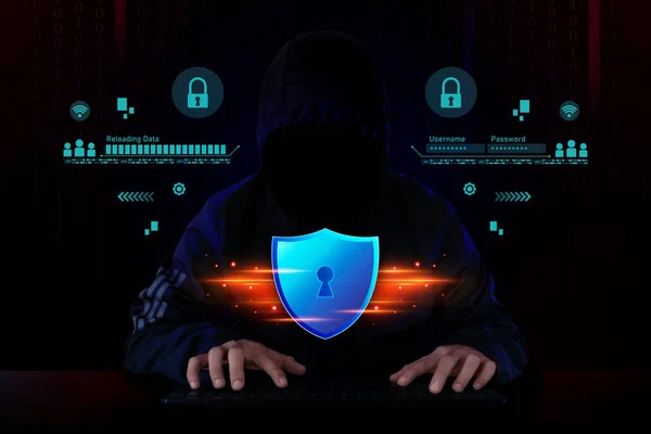 stock image Protection network security computer and safe your data concept. Shield icon cyber security, digital data network protection, Digital crime by an anonymous hacker. dark tone