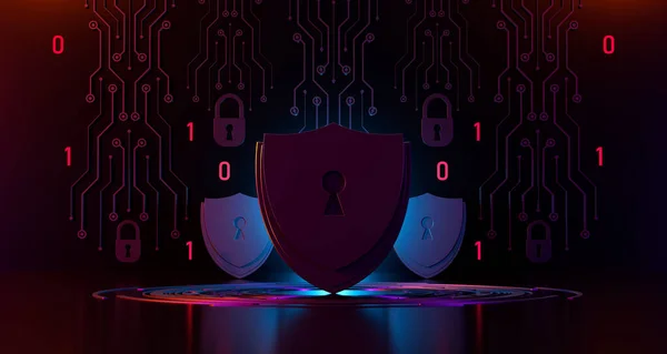 ネットワークセキュリティコンピュータを保護し データコンセプトを保護します シールドアイコンサイバーセキュリティ デジタルデータネットワーク保護 匿名のハッカーによるデジタル犯罪 3Dイラスト — ストック写真