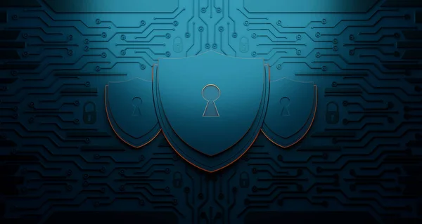 Protection network security computer and safe your data concept. Shield icon cyber security, digital data network protection, Digital crime by an anonymous hacker. 3D illustration