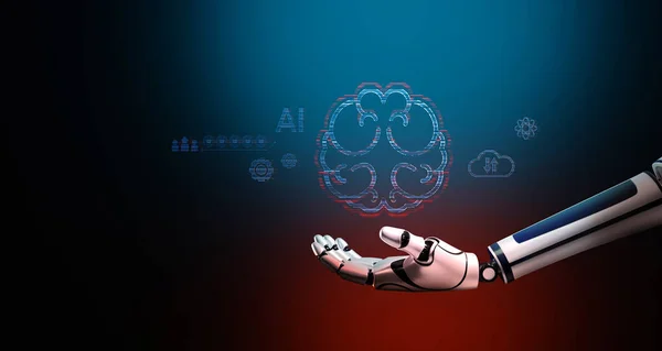 人工知能機械学習ビジネスインターネット技術の概念 ジャイロで形状電子脳の回路基板 シンボルAi手のロボットの上にぶら下がっている 3Dイラスト — ストック写真