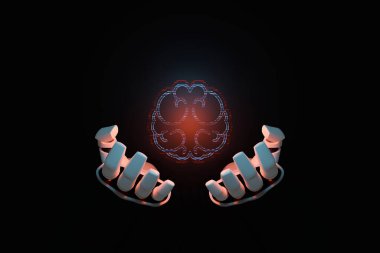 Yapay Zeka Makinesi İş Öğrenme İnternet Teknolojisi Konsepti. Devre levhası elektronik beyin şeklinde, jiroskoplu, sembolü el robotunun üzerinde asılı. 3B illüstrasyon