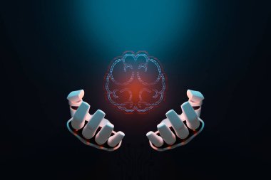 Yapay Zeka Makinesi İş Öğrenme İnternet Teknolojisi Konsepti. Devre levhası elektronik beyin şeklinde, jiroskoplu, sembolü el robotunun üzerinde asılı. 3B illüstrasyon