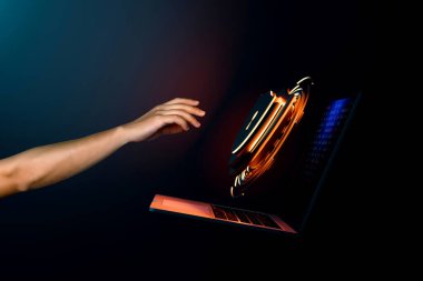 Güvenlik ağı güvenlik bilgisayarı ve veri konseptinizi güvene alın. Siber siber güvenlik kalkanı, dijital veri ağı koruması isimsiz bir hacker tarafından dijital suç. koyu ton