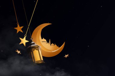Müslüman kutsal ayı Ramazan Kareem festivali. Gece parlayan yanan mumlu süs Arap feneri. 3B illüstrasyon