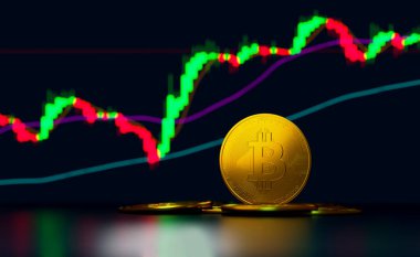 Bitcoin altın sikke ve çözülmüş grafik arka planı. Sanal varlıklara yatırım yapmak. Çizelgeleri ve bitcoin parası olan bir yatırım platformu. Sanal kripto para birimi kavramı.
