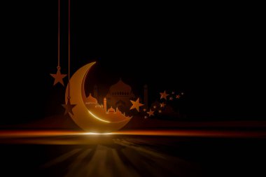 Müslüman kutsal ayı Ramazan Kareem festivali. Gece parlayan yanan mumlu süs Arap feneri. 3B illüstrasyon