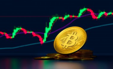 Bitcoin altın sikke ve çözülmüş grafik arka planı. Sanal varlıklara yatırım yapmak. Çizelgeleri ve bitcoin parası olan bir yatırım platformu. Sanal kripto para birimi kavramı.