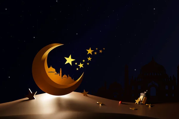 イスラム教徒の聖なる月のための祭りラマダーンKareem 夜に燃えるキャンドルが輝く装飾的なアラビア語のランタン 3Dイラスト — ストック写真
