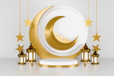 Müslüman kutsal ayı Ramazan Kareem festivali. Ramazan Kareem için podyum ve asgari özgeçmiş. 3B illüstrasyon