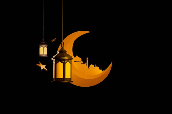 イスラム教徒の聖なる月のための祭りラマダーンKareem 夜に燃えるキャンドルが輝く装飾的なアラビア語のランタン 3Dイラスト — ストック写真