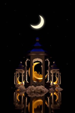 Müslüman kutsal ayı Ramazan Kareem festivali. Gece parlayan yanan mumlu süs Arap feneri. Kurban bayramı mübarek afişi. 3B illüstrasyon