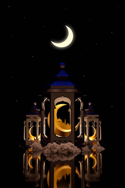 Festival for Muslim holy month Ramadan Kareem. Ornamental Arabic lantern with burning candle glowing at night. Eid-Al-Adha Mubarak banner. 3D illustration