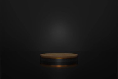 Geometrik şekilli siyah ekran arka plan, yerde podyum. Ürün sunumu için platformlar. Soyut kompozisyon tasarımı, vitrin ürünü siyah, 3 boyutlu illüstrasyon