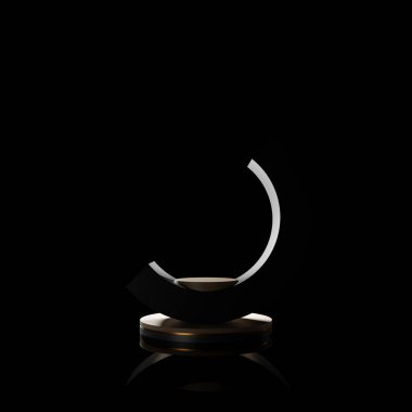 Geometrik şekilli siyah ekran arka plan, yerde podyum. Ürün sunumu için platformlar. Soyut kompozisyon tasarımı, vitrin ürünü siyah, 3 boyutlu illüstrasyon