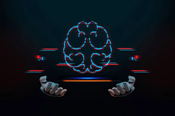 人工知能機械学習ビジネスインターネット技術の概念 ジャイロで形状電子脳の回路基板 シンボルAi手のロボットの上にぶら下がっている 3Dイラスト — ストック写真